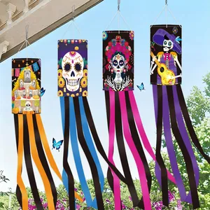 Day of the Dead windsock flags with colorful skull designs for festive outdoor yard decor.