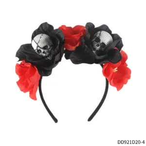 Serre-tête gothique d'Halloween Jour des Morts avec roses rouges noires et crânes argentés