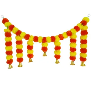 Vibrant artificial yellow and orange marigold garland with golden bells decoration