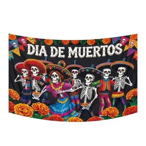 Dia de Muertos Kulisse mit Skeletten und Ringelblumen für mexikanische Feierlichkeiten