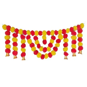 Handmade artificial marigold flower garland with bells for Indian weddings and festivals