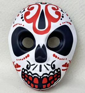 Detailed macro view of a vibrant Day of the Dead sugar skull mask with digital print