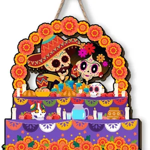 Detailed vibrant Day of the Dead wooden sign featuring sugar skull and marigold graphics
