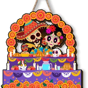 Plaque Suspendue en Bois Jour des Morts Autel Mexicain Décoration Crâne Souci Motif Ofrenda pour Fête de Festival Décoration de Maison