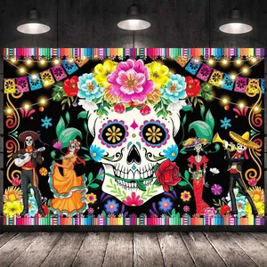 Vibrant Day of the Dead Mexican party backdrop with sugar skull and skeleton mariachi