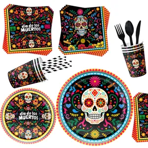 Mexican Day of the Dead party supplies set featuring sugar skull plates and napkins