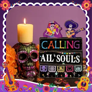 Day Of The Dead Stacked Wooden Signs Calling All Souls Tiered Tray Decor Mexican Festive Desktop Table Ornament Skull Pattern Wood Block Decor