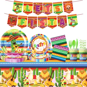 Mexican Fiesta Day of the Dead Party Tableware Cactus Sombrero Pattern Printed Plates Napkins Cups Tablecloth Banner Decorations