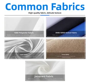 Detailed macro shots of 100D Polyester, 300D Oxford, Satin, and Linen fabric textures.