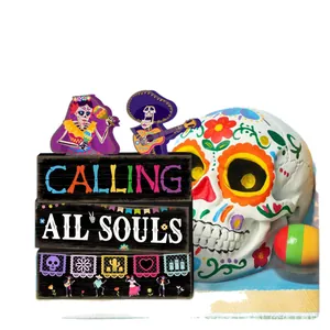 Mexican Day of the Dead stacked wooden sign with Calling All Souls text and skull decor
