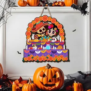 Colorful Day of the Dead wooden hanging sign featuring traditional sugar skulls and marigolds