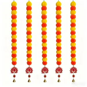 Set of 5 artificial marigold garlands with lotus and bell charms for festival decor