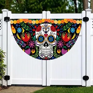 Mexican Day of the Dead Bunting Flag Watercolor Marigold Skull Polyester Half Circle Fan Flag For Outdoor Yard Party Decor