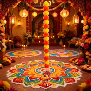 Vibrant marigold flower garland with lotus bell pendant for festive home decor