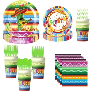 Vibrant Mexican Fiesta theme disposable party tableware set including plates cups and napkins