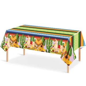 Colorful Mexican fiesta disposable tablecloth with festive llama and cactus patterns