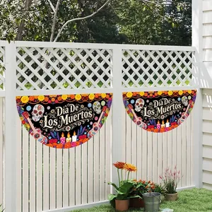 Vibrant Día De Los Muertos pleated fan flags with sugar skull and marigold garden decorations