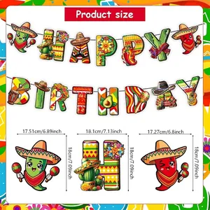 Gedetailleerde afmetingen van de Mexicaanse Fiesta Happy Birthday party banner onderdelen