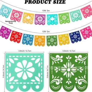 Produktdetails für mexikanische Papel Picado Filzbanner mit 3m Länge und 14,7 cm Flaggen.