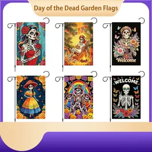 Mexican Day of the Dead Garden Flag Sugar Skull Floral Polyester Linen Banner Outdoor Yard Party Decoration Welcome Sign