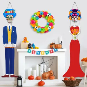 Day of the Dead skeleton groom and bride hanging decorations in festive fireplace scene