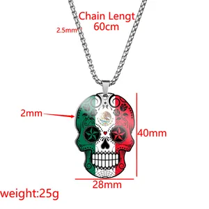 Detailed dimensions of the Day of the Dead Mexican flag skull stainless steel necklace
