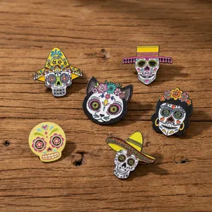 Macro view of colorful Mexican Day of the Dead sugar skull enamel pins on a rustic wooden background