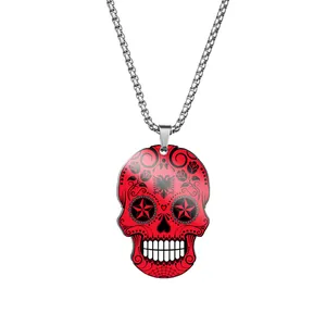 Close-up of intricate red Day of the Dead sugar skull pendant on a durable steel chain
