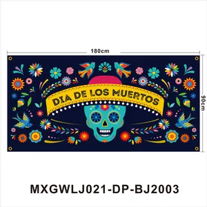 Grande striscione decorativo Dia De Los Muertos con teschio colorato, 180x90cm