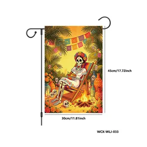 Colorful Day of the Dead garden flag featuring skeleton design and metal stand 30x45cm