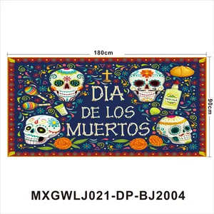 Grande striscione festivo Dia De Los Muertos con teschi di zucchero colorati, 180x90cm