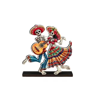 Day of the Dead tiered wooden tabletop ornament with dancing sugar skull couple