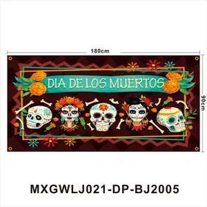 Grande striscione Dia de los Muertos 180x90cm con teschi di zucchero e fiori colorati.
