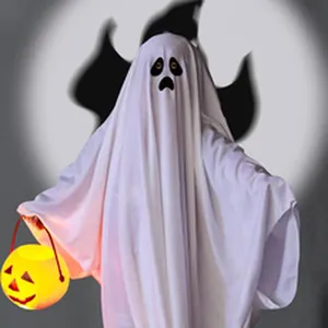 Close-up view of a classic white ghost costume with face print for Halloween party.
