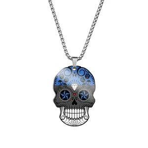 Close-up detail of stainless steel sugar skull necklace featuring Estonian flag color pattern