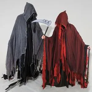 Two scary Halloween Grim Reaper costumes with hoods and a prop scythe accessory.