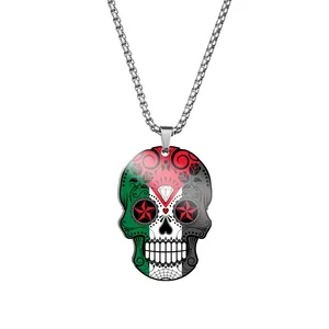 Detailed macro view of Day of the Dead sugar skull pendant necklace in polished stainless steel