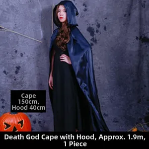 Full-length hooded black satin reaper cloak for Halloween cosplay and costume parties