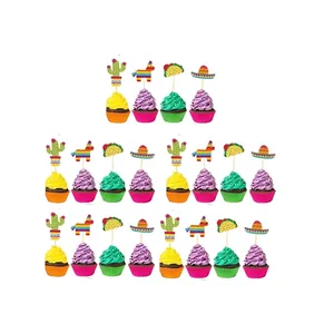 Mexican fiesta cupcake toppers set of 20 with cactus taco pinata and sombrero designs.
