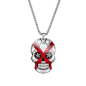 Detailed shot of a Day of the Dead skull pendant necklace in stainless steel