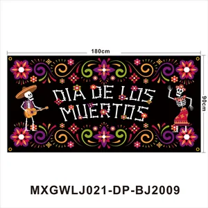 Dettagli dello striscione Giorno dei Morti con dimensioni 180x90cm e design teschio.