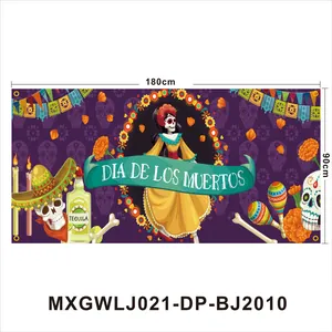 Dettaglio del banner del Giorno dei Morti con La Catrina, teschi e motivi festivi.