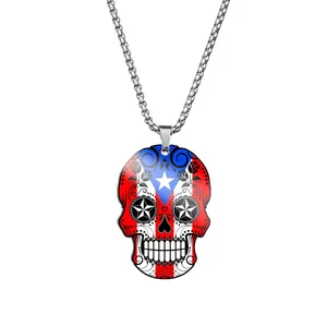 Detailed macro shot of a stainless steel sugar skull pendant with Puerto Rico flag design