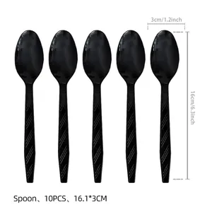 Pack of 10 black disposable plastic spoons with dimensions for themed party decor