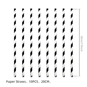 Black and white striped paper straws for Day of the Dead party, 20cm length, 10pcs set