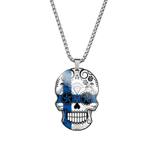 Stainless steel sugar skull necklace with Finland flag pattern and decorative engravings