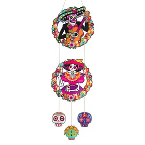 Day of the Dead skeleton door hanging decoration with colorful sugar skulls and floral wreaths