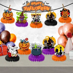 Halloween honeycomb table centerpieces set with spooky pumpkin and ghost designs