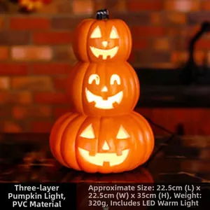 Detail view of a glowing three-tier Halloween pumpkin lantern with LED light