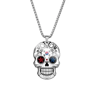 Detailed view of a Day of the Dead skull necklace featuring a South Korean flag design